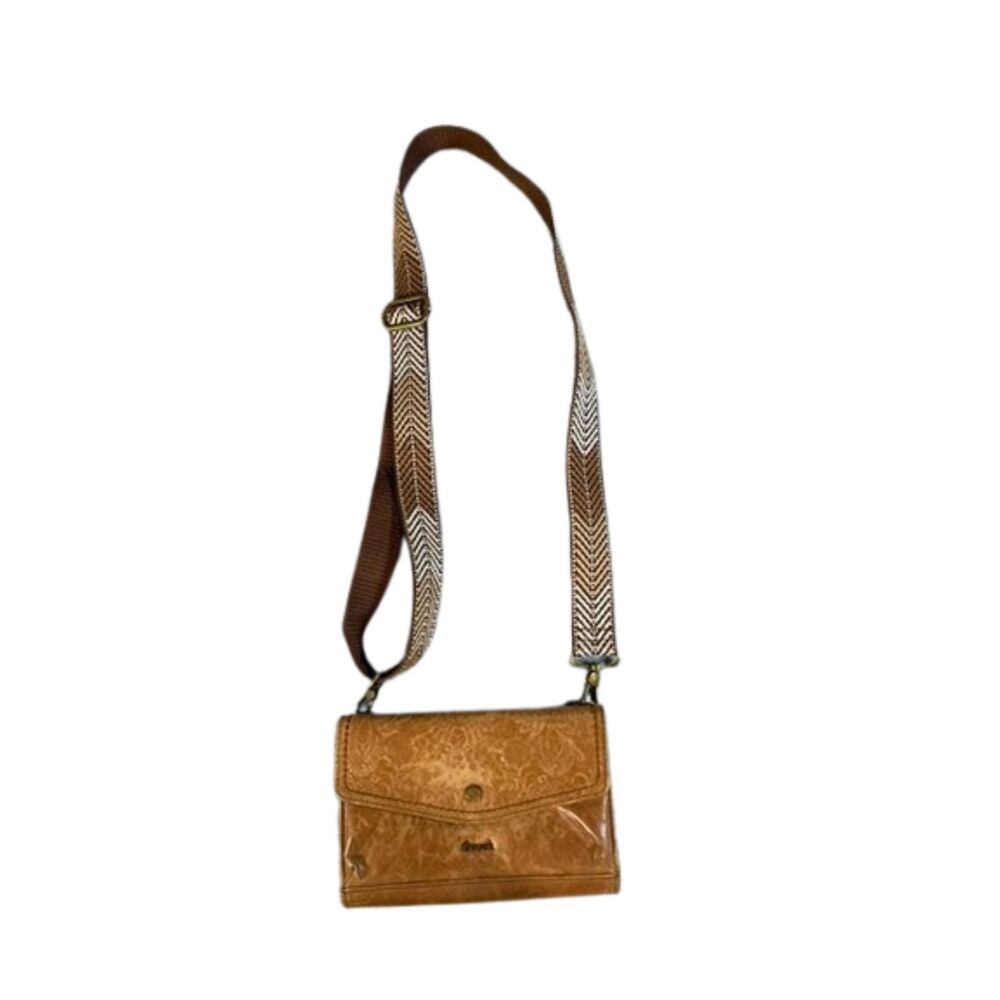 The Sak Iris Leather Crossbody Wallet Brown Floral Embossed Boho Organizer Bag